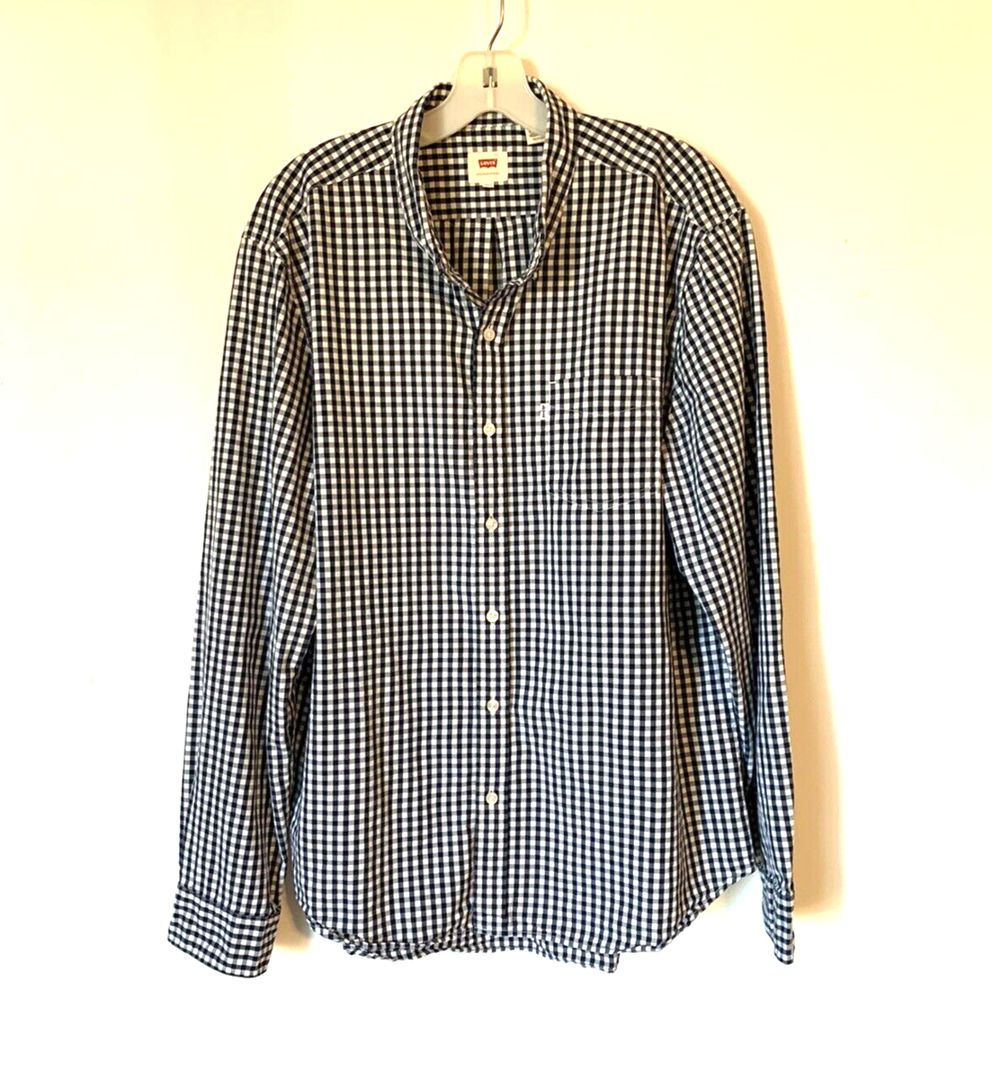 Levis Mens Shirt XXL Button Up Collar Plaid Check Black White