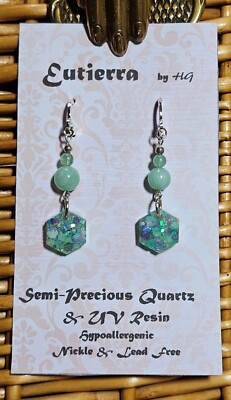 Eutierra Semi-Precious Sea Foam Green Quartz & UV Resin Earrings Hand Crafted US