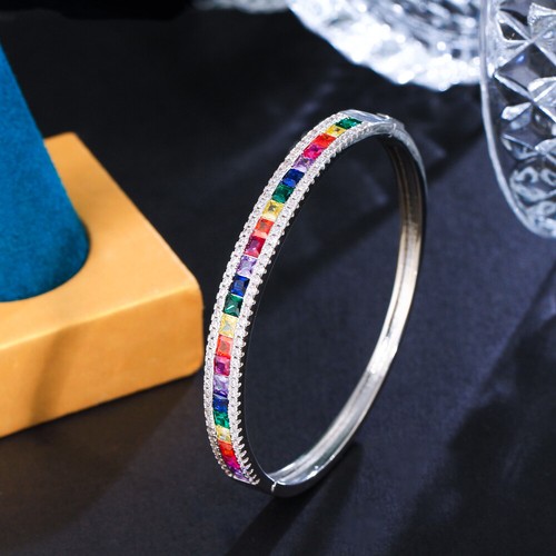 Square Cut CZ Open Cuff Bangle Cubic Zirconia Silver Plated Blue for Brides Prom - Imagen 13 de 21