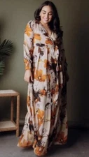 Baltic Born Brown Camel Lydia Floral Maxi Dress Flowey Chiffon XXL fits XL FLAW