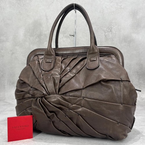 Valentino Leather Frill Handbag Dark Brown Women Used Authentic