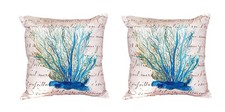 Pair of Betsy Drake Blue Coral Beige No Cord Pillows 18 Inch X 18 Inch