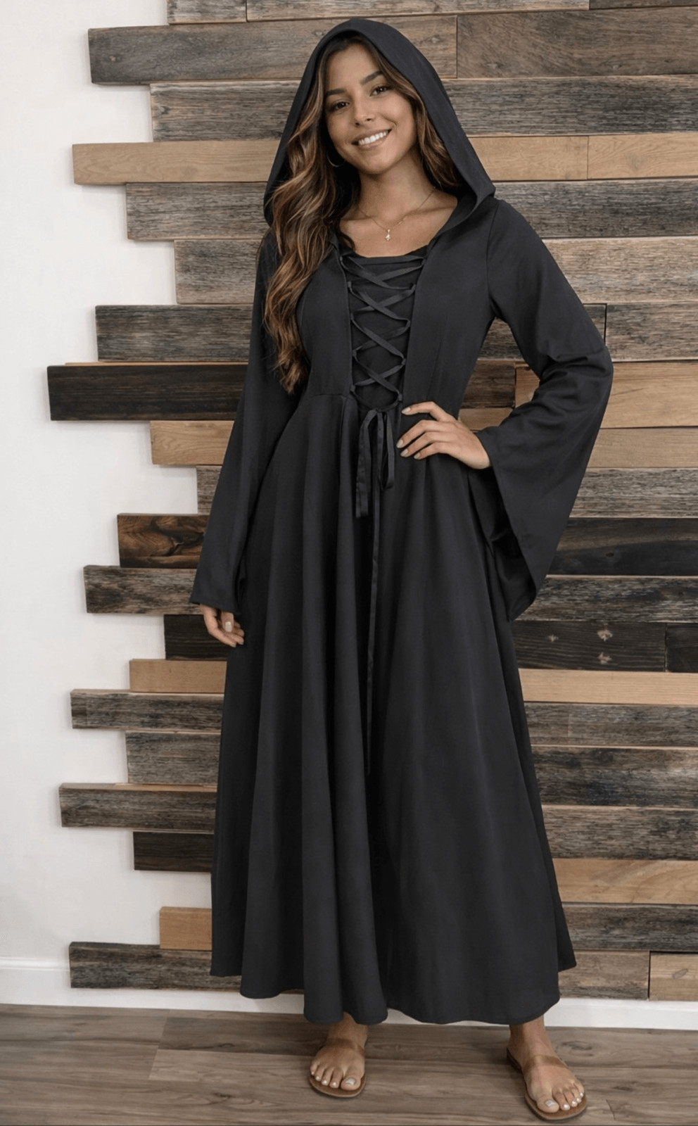 black hooded gothic dress Renaissance medieval fit L Shoe Size:EU43/ UK10/ US12/ AU12.5 sizing-women and dark romance Crafted Slip Dress Over T-shirts: