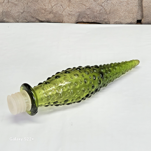 7.5" Glass Stopper Empoli Olive Green Hobnail MCM Genie Bottle Decanter Vintage - Picture 4 of 10