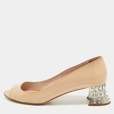 Miu Miu Beige Patent Leather Crystal Embellished Peep Toe Pumps Size 395