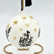 Disney WDW Four Parks Mickey White Glass Black Gold Glitter Christmas Ornament