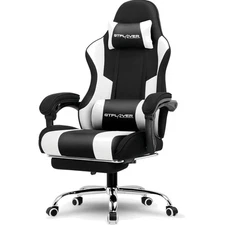 Gaming Chair Fabric Black White with Footrest Lumbar Support 360° Swivel