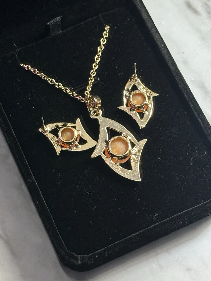 Винтажный огонь опал натуральный драгоценный камень ожерелье и серьги комплект 14K золото 18» новый - Изображение 4 из 4