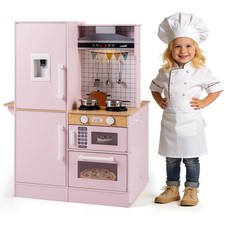 Dual-Sided Kids Play Kitchen w/Water Dispenser, Range Hood, Microwave, Lights