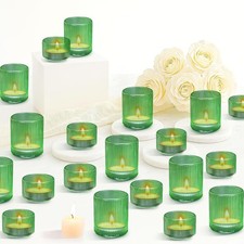 20Pcs Glass Votive Candle Holders Bulk, Green Ribbed Tealight Candle Holder 10 