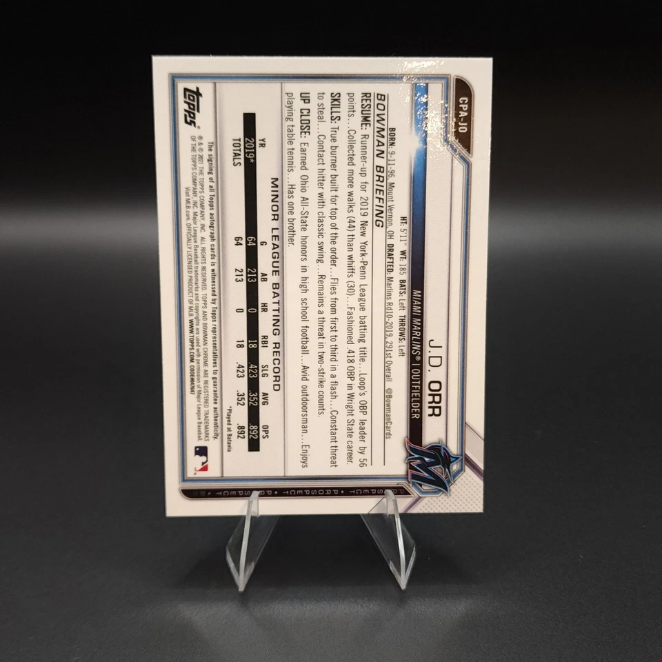 2021 Bowman Chrome 1st J.D. ORR AUTO Orange /25 #CPA-JO Miami Marlins - Image 2 of 2