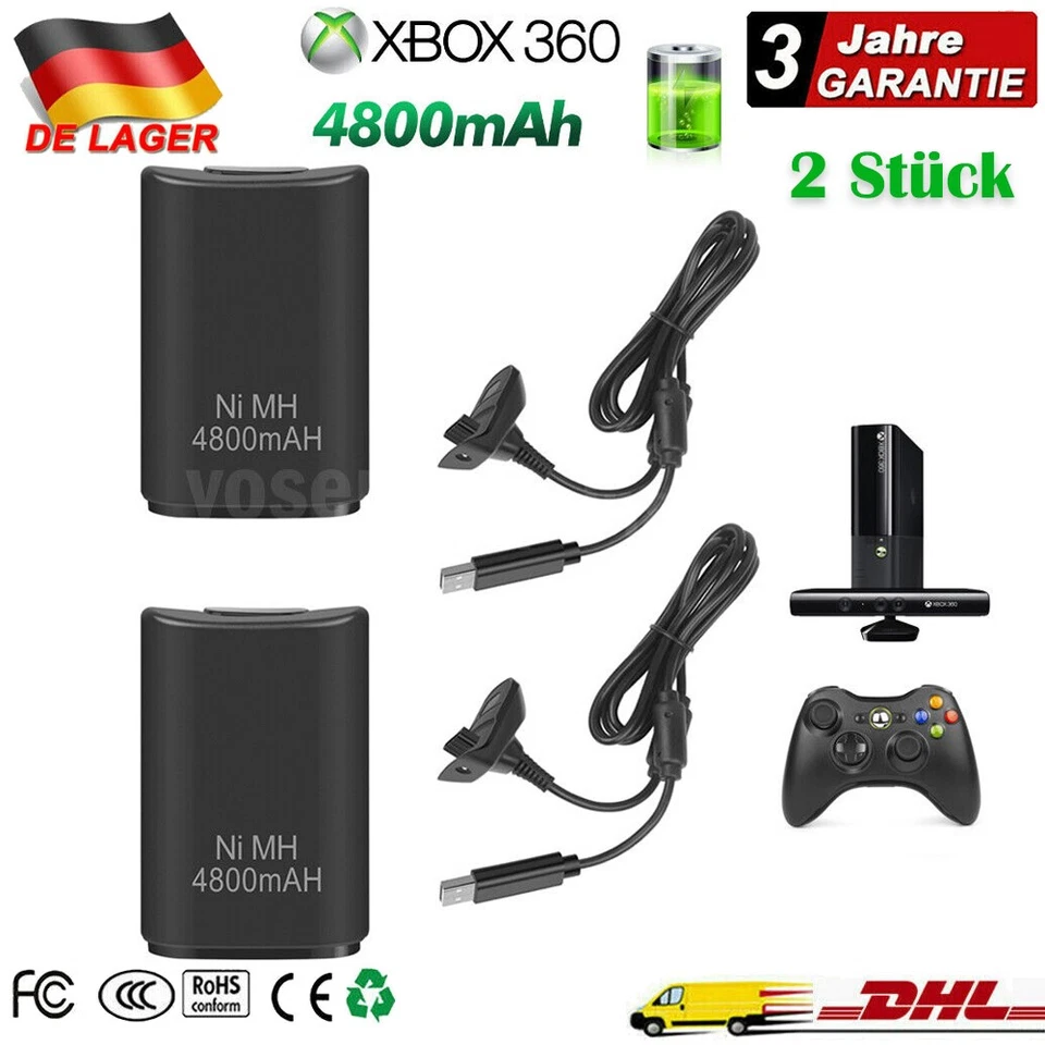 2x Wiederaufladbare Batterie Akku für Xbox 360 Wireless Controller mit Ladegerät - Bild 1 von 4