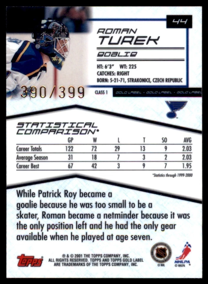 2000-01 Topps Gold Label Class 1 Gold #44 Roman Turek 390/399 Blues - Image 2 of 2