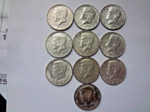 Lot of Ten 1965-69 Kennedy Half Dollars, 40% Silver