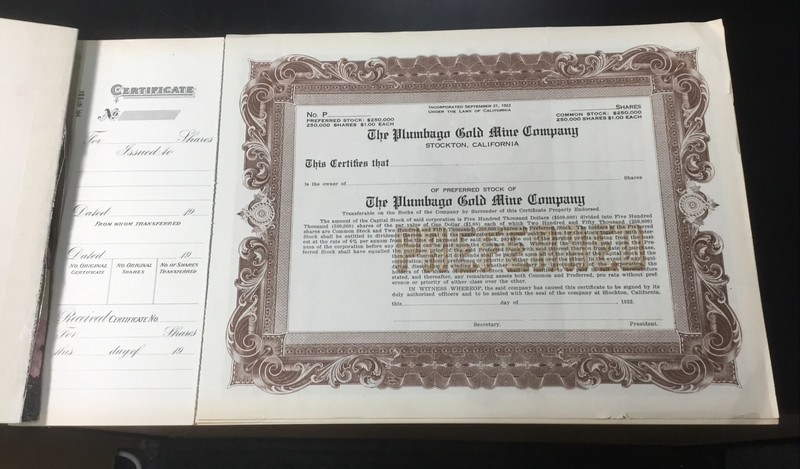 PLUMBAGO GOLD MINE Company Original Stock Book, Stockton Cali. ~ 30 Certificates