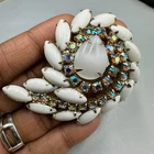 Vintage Milk Glass Rhinestone Brooch Silver Tone Aurora Borealis Swirl Statement