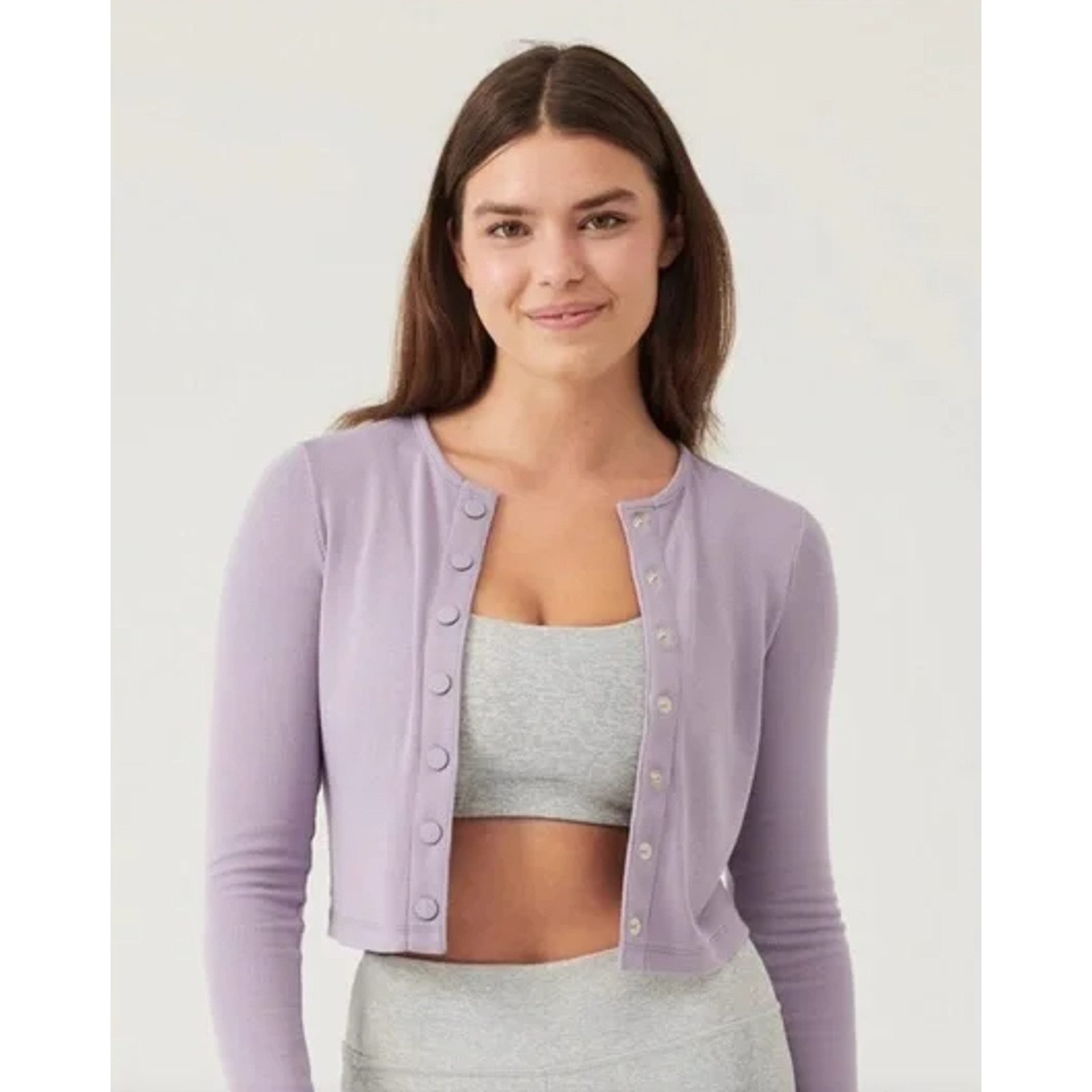 OUTDOOR VOICES Women's CozyRib Cropped Cardigan Medium Grey Purple Sweater NWT