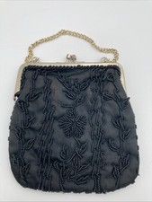 Vtg Black Evening Purse Clutch Beaded Satin Gold Tone Chain  Kiss Closure