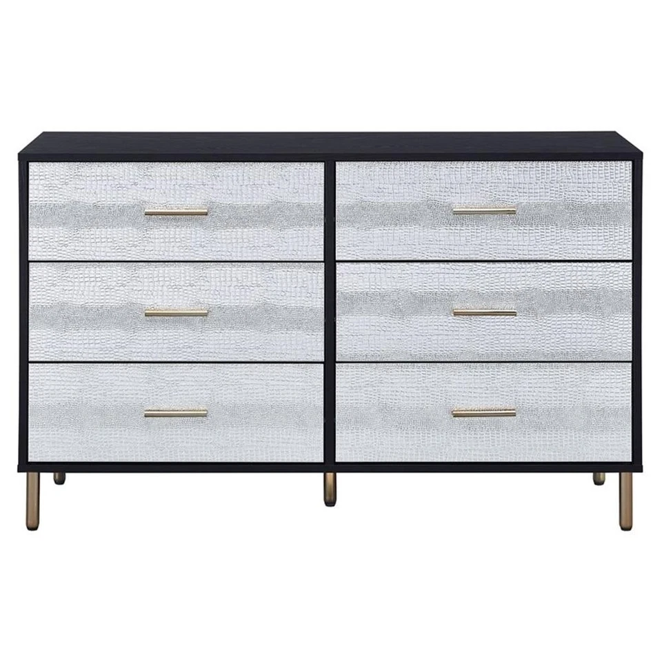 Cómoda de madera ACME Myles con 6 cajones en negro, plata y oro Foto 3 de 4