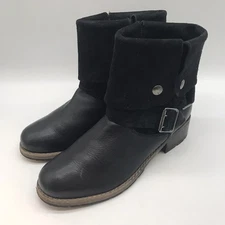 Clarks Volara Sky Fold Over Moto Boots Women 8.5M Black Suede & Leather Ankle