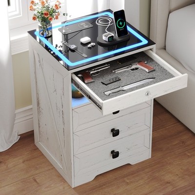 Nightstand with Gun Drawer and Charging Station, LED End Table for Bedroom White