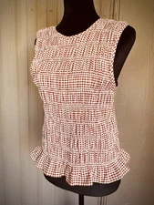 Red Gingham Smocked Tank Top Cottage Picnic Ruffle Cotton Blendq Farmy sz L