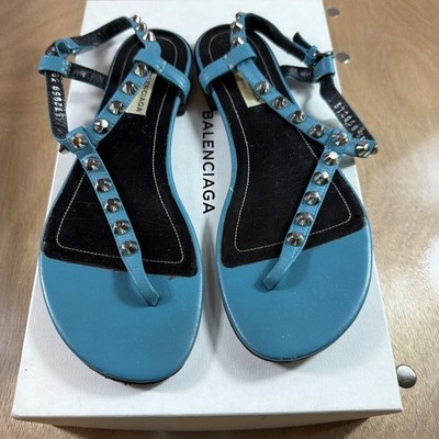 Balenciaga Arena Giant Studded T-Strap Leather Sandals Blue Turquoise Size 38