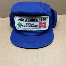 VTG K Brand Land O Lakes Feed Patch Hat Blue Ear Flaps Insulated Winter Cap Sm/M