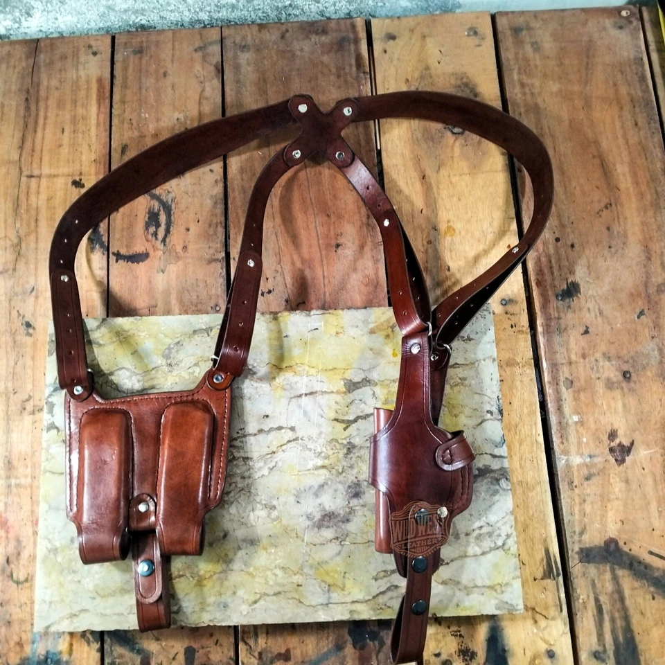 Leather Vertical Roto Shoulder Holster with Double Magazines For All Gun Models. - Image 2 of 4
