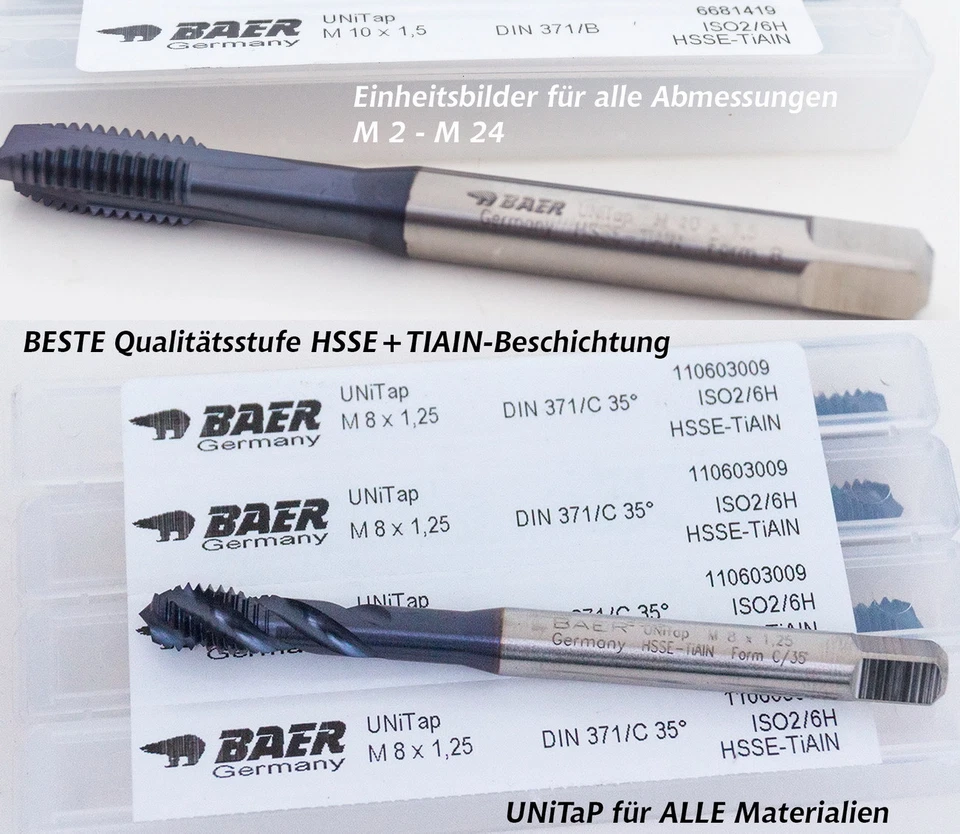Gewindebohrer BAER Maschinengewindebohrer HSSE TIAIN UNITAP M2 - M12 Gewinde - Bild 1 von 2