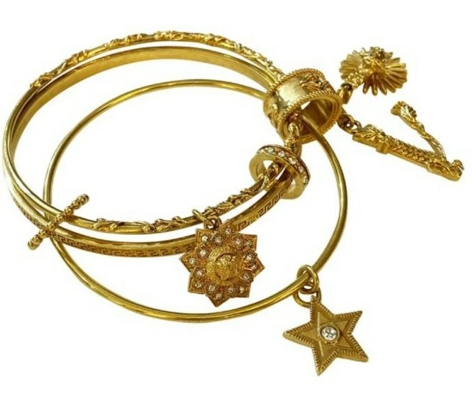 VERSACE VIRTUS 3 BANGLE CHARM BRACELETS MEDUSA GOLD RARE MADE IN ITALY MSRP 975
