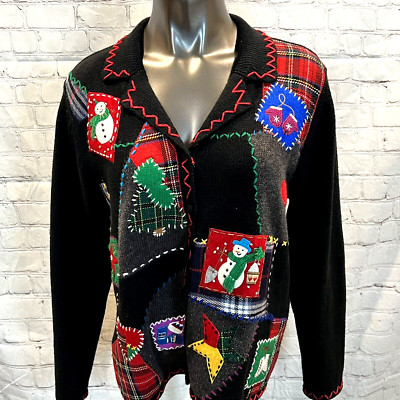 Vintage Rebecca Malone L Schwarz Schneemann Fäustlinge Perlen Christmas Pullover