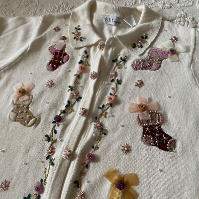 Vtg 90's Beaded Christmas Sweater Embroidered Cardigan Design Ramie  Cotton