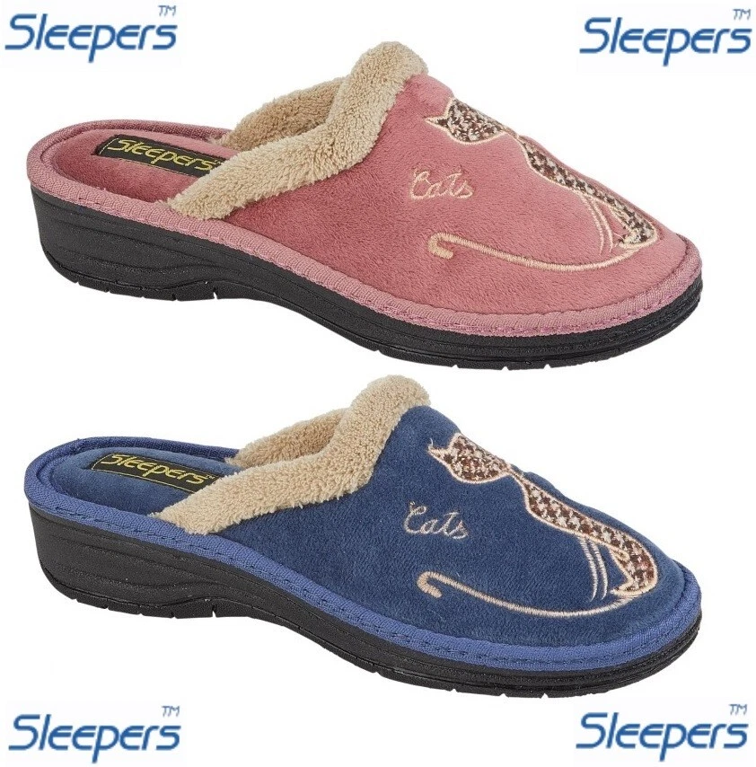 Ladies Cat Mule Slippers Slip On Wedge Heel Velour Comfy Cosy Warm
