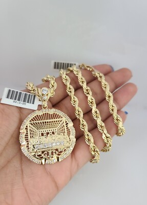 10kt Gold Rope Chain Last Supper Charm Set 18''-30'' Inch 6mm Necklace Pendant
