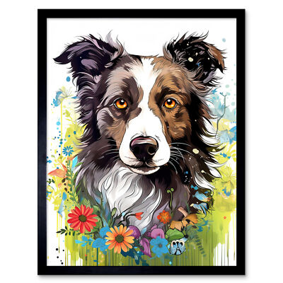 Border Collie Hund hell Aquarell Blumenporträt gerahmter Wandkunstdruck 9 x 7 Zoll