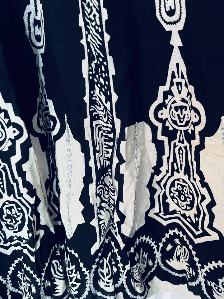 NUEVO CON ETIQUETAS ISHYU Falda 8 Larga Algodón Completo Viscosa Lino Lentejuelas Circulares - Color Negro/Cera Foto 3 de 4