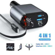 Retractable 4-in-1 Car Fast Charger Phone Power Adapter With USB Type C Cable