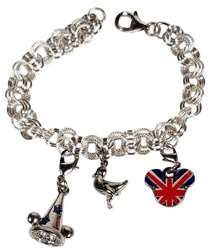 World of Charms by Sari Simayof Charm Bracelet Mickey UK Flag Duck Hat Box 8"