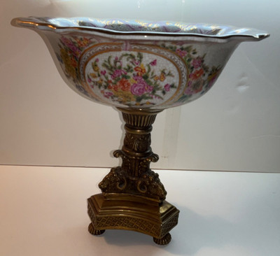 11'' Bronze Ram Footed Ceramic Fruit Bowl Dish Painted Chinese Canton Rose Flower