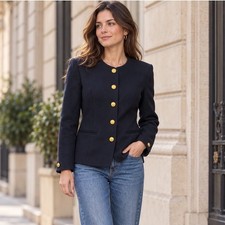 Vintage 100 Wool Quiet Luxury Black Gold Button Blazer Preppy Chic Sz 8