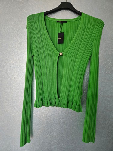 Maje Green Ribbed Cardigan Knit Top Gold Buckle Size 1 / S (MFPPU00495)