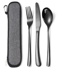 Travel Cutlery Set for 1 Stainless Steel 3 Piece Knife Fork Spoon Black Case