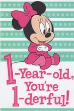 Minnie Mouse Happy 1st Birthday Card for Baby Girl Made in USA with Envelope