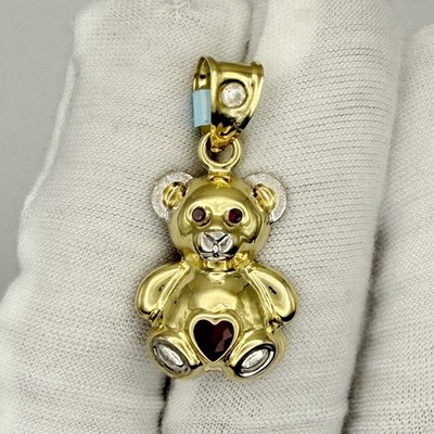10k Two-tone Gold Red White Heart Round Cubic-Zirconia Teddy Bear Charm Pendant