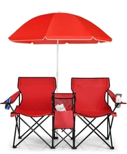 Goplus Double Camping Chair with Umbrella,Folding Loveseat Chairs w/Canopy Shade