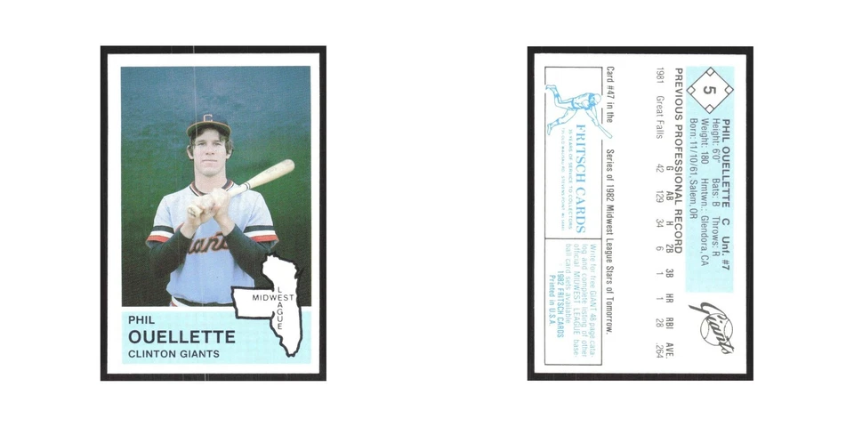 1982 Fritsch Minor League Phil Ouellette Clinton Giants #5.0 - Image 3 of 3