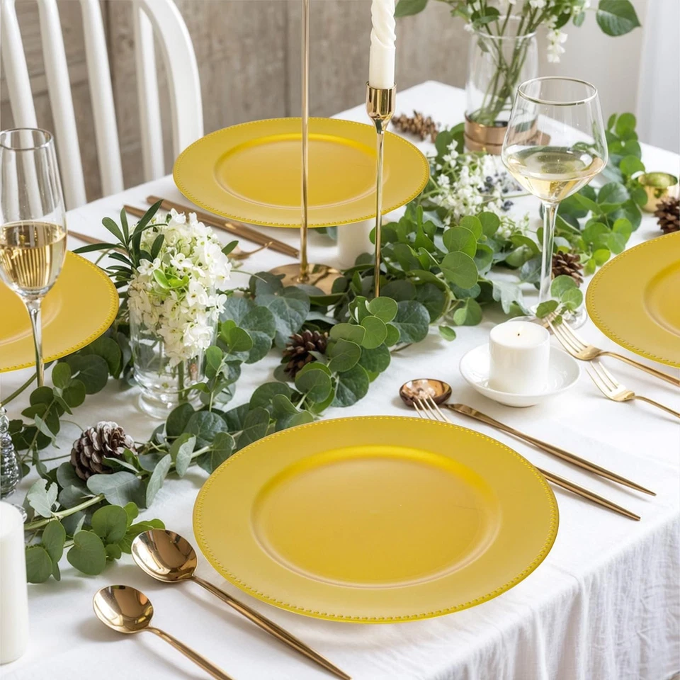 12pcs Gold Charger Plates,13inch Plastic Round Beaded Plates Decorative Dinne... - Image 4 of 4