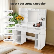 White Makeup Vanity with Mirror, Lights, 3 Drawers,  2 Cabinets for Bedroom