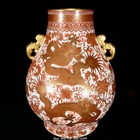 15.7"Old Qianlong Red Glaze Porcelain Gold Dragon Loong Beast 2 Ear Bottle Vase